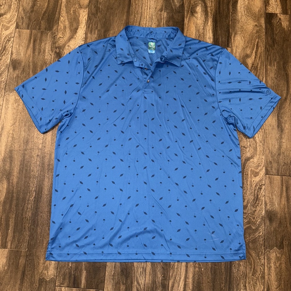 Pro Tour Cool Play Golf Polo Shirt Mens XXL Blue Palm Trees‎ Leaves Lightweight
